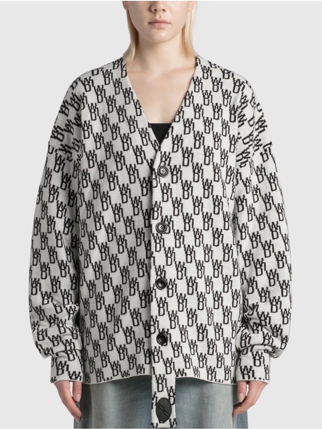 We11done Medium Black White Logo Jacquard Wool Cashmere Cardigan Sweater Unisex